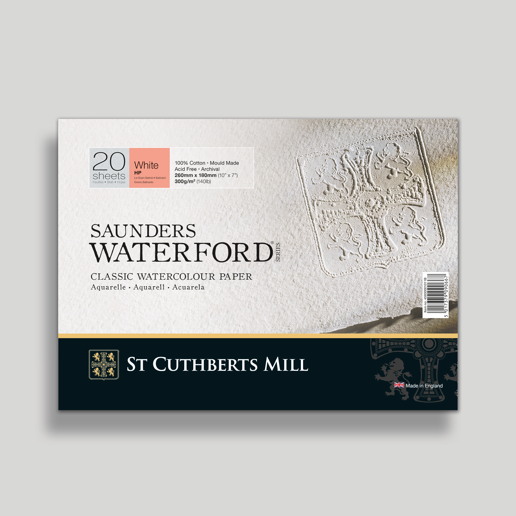 Bloc Papier Aquarelle Saunders Waterford – 20 Feuilles Grain Fin 300g/m² 36x26 Cm, 100% Coton Naturel Blanc